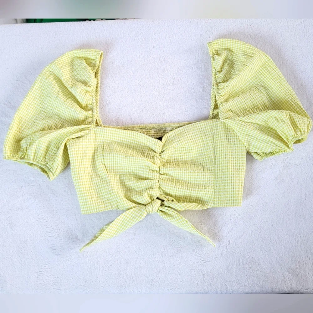 💕 Zara NEW Lime Yellow Gingham Plaid Crop Bubble Sleeves Checkered Knot Zipper - Picture 2 of 15